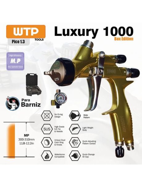WTP: CLEAR SERIES HVLP 1.3 SPRAY GUN W/REGULATOR, CASE, TOOLS AND 600ML/22 OZ. CUP (280/300MM PATTERN)